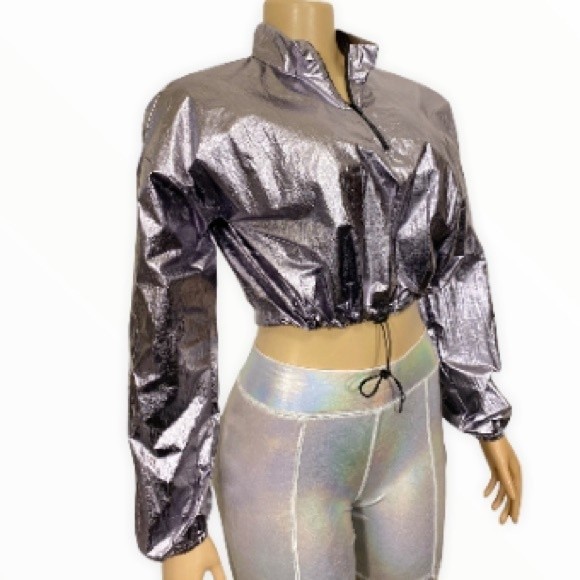 Y2K Blanc Metallic Crop top Shiny 1/4 Zip Long sleeves Drawstring waist Large - Picture 7 of 13